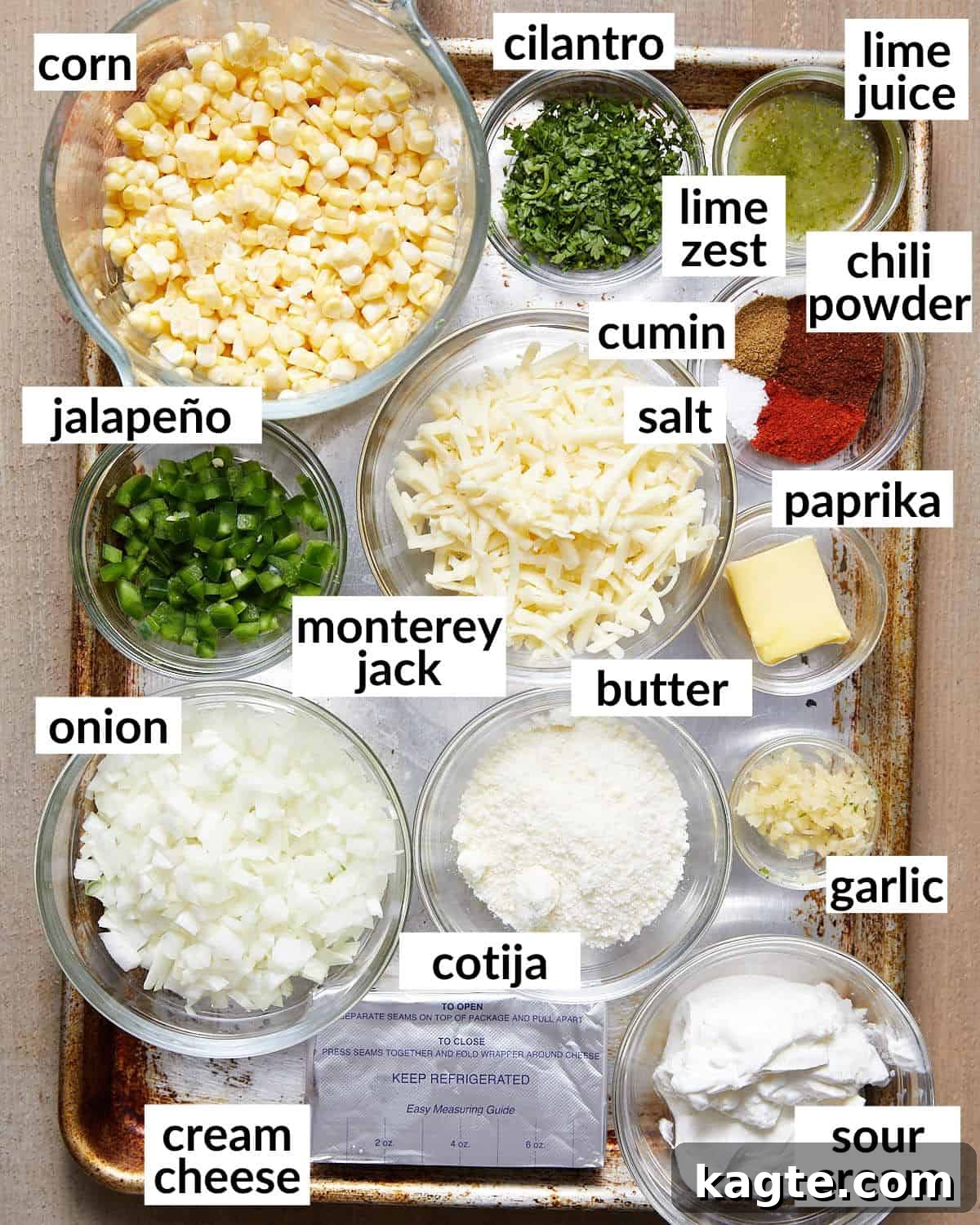 Hot Mexican Street Corn Dip 3 Overhead shot showcasing all the fresh, vibrant ingredients required to make delicious hot elote dip.