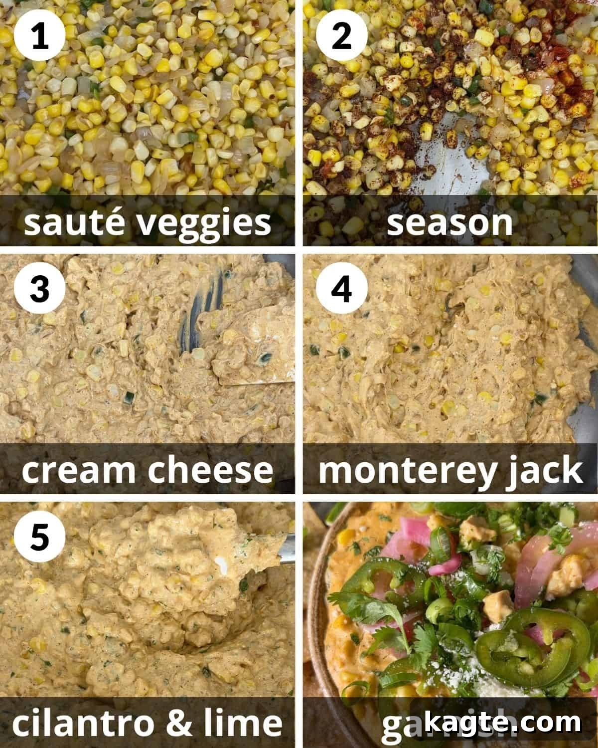 Hot Mexican Street Corn Dip 4 A six-photo collage illustrating each step of preparing the hot elote dip, from sautéing to garnishing.
