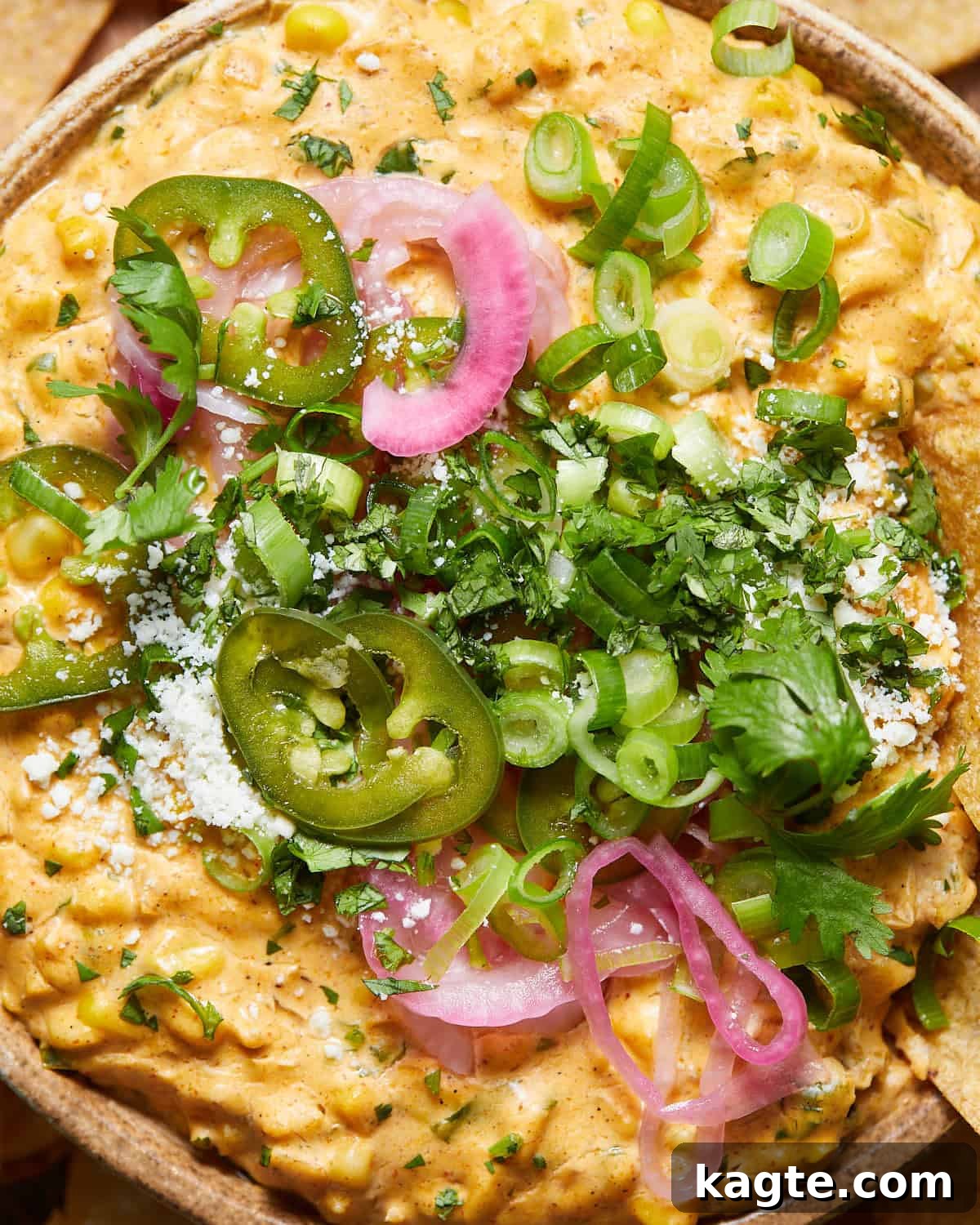 Hot Mexican Street Corn Dip 5 Close-up, tempting shot of the creamy hot elote dip, ready for scooping.