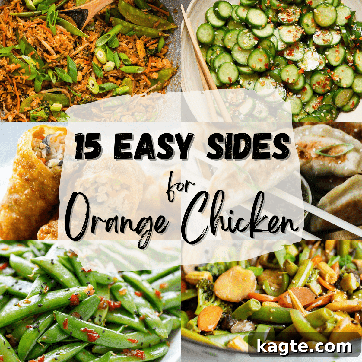 A 6 photo collage showing easy sides for orange chicken.