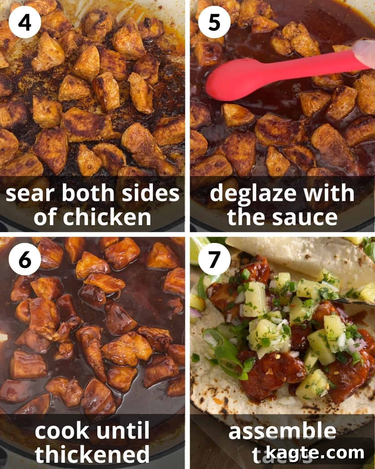 Aloha Chicken Tacos with Fresh Pineapple Salsa 5 A 4 photo collage showing the final assembly of Hawaiian chicken tacos.