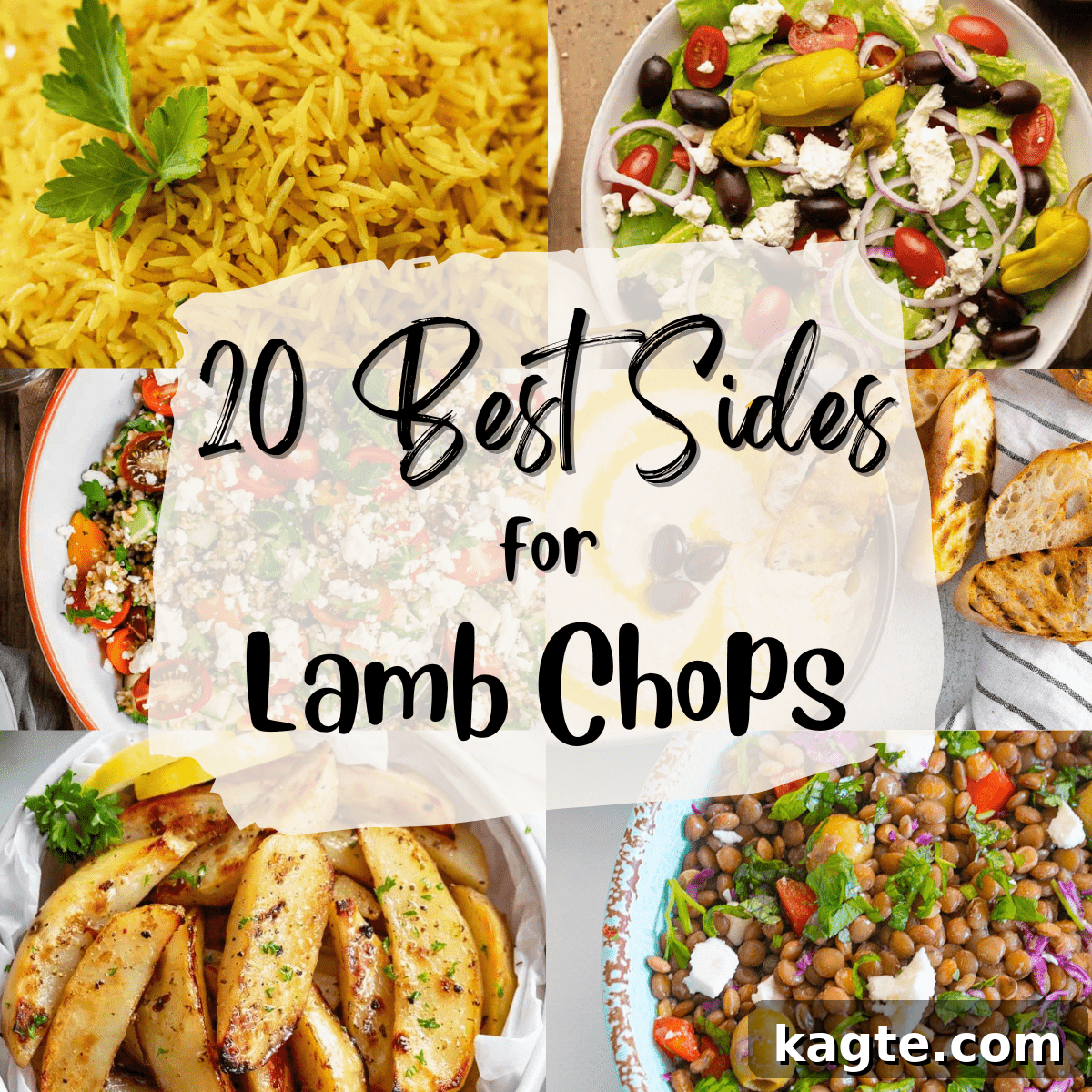 20 Best Side Dishes for Lamb Chops 2 A collage of six vibrant Mediterranean side dishes perfectly complementing lamb chops, including salads, roasted vegetables, and dips.