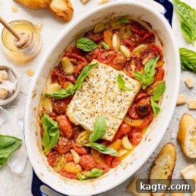 Overhead image of a warm and creamy Baked Feta Dip with Tomatoes, garnished with fresh basil.