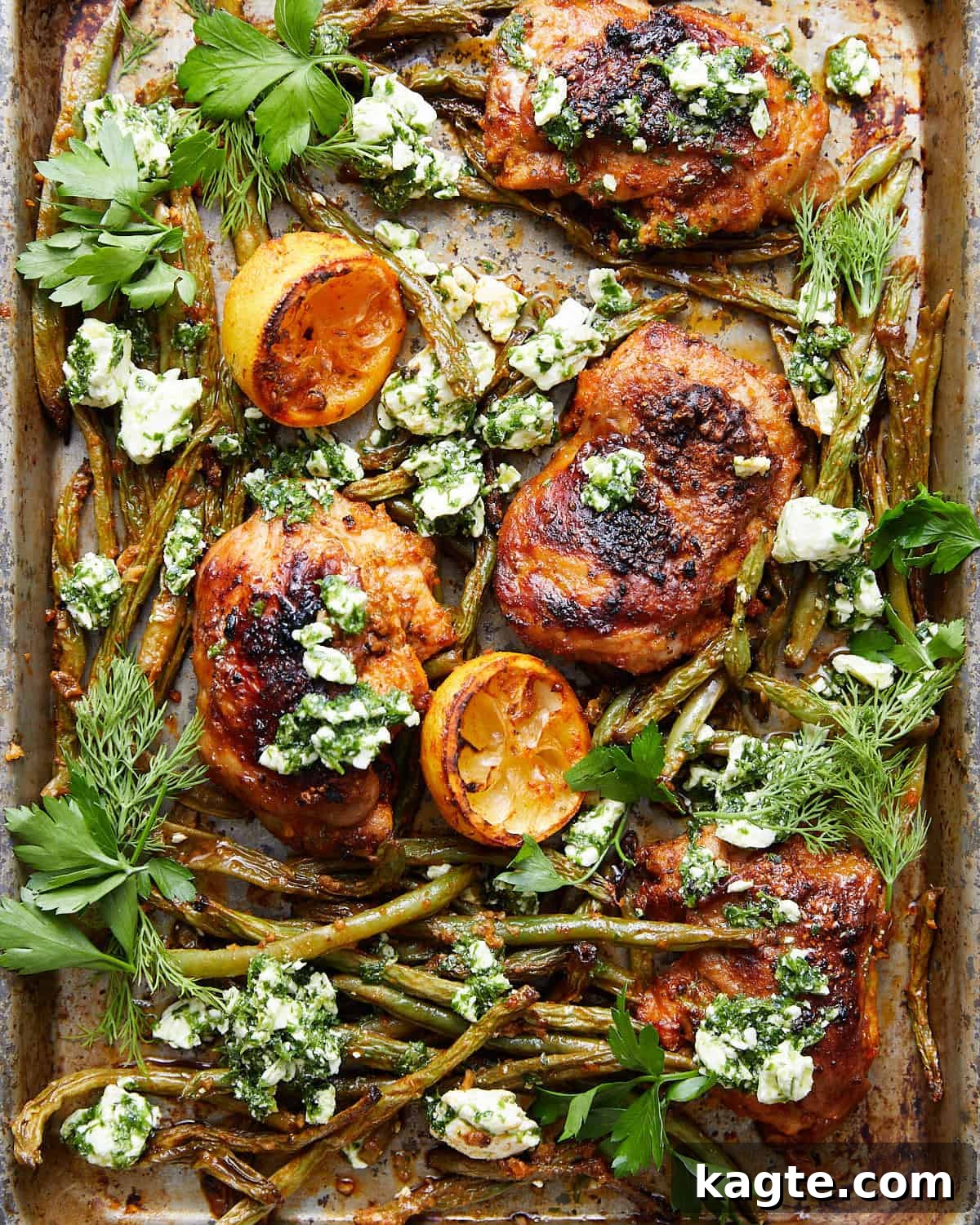 Sheet Pan Chicken and Green Bean Bliss 2 Overhead image of sheet pan chicken and green beans dinner.