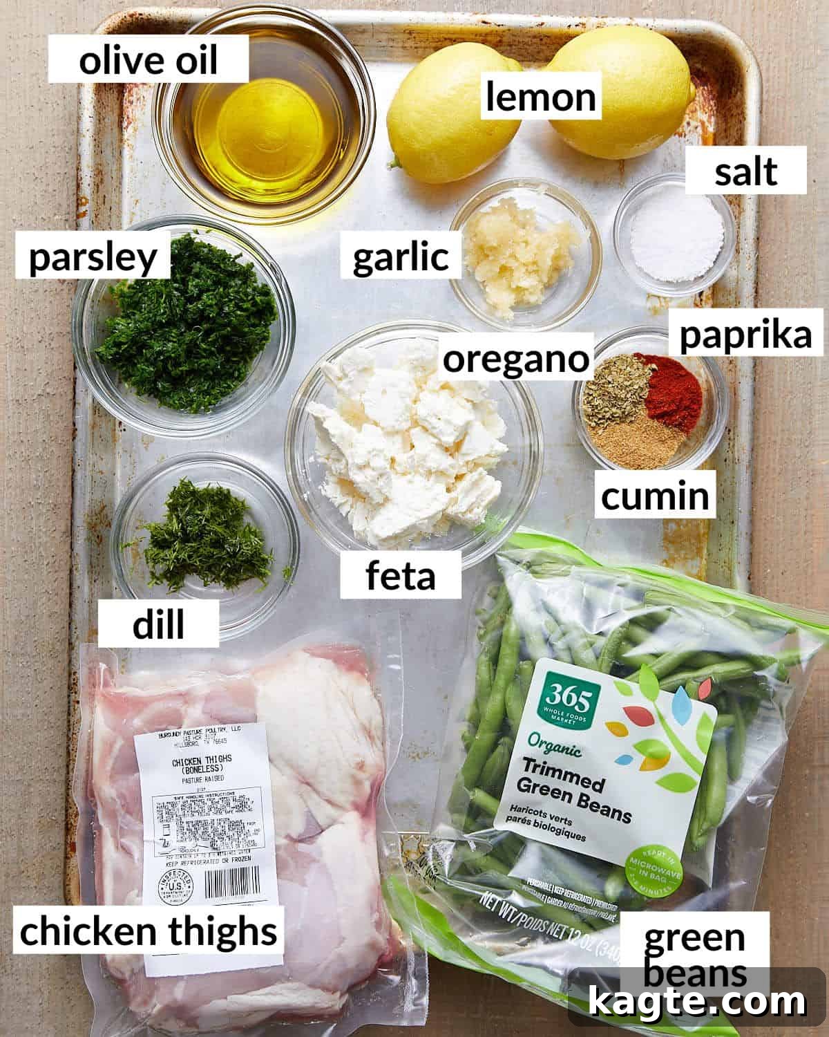 Sheet Pan Chicken and Green Bean Bliss 3 Overhead image of ingredients needed to make sheet pan chicken and green beans.