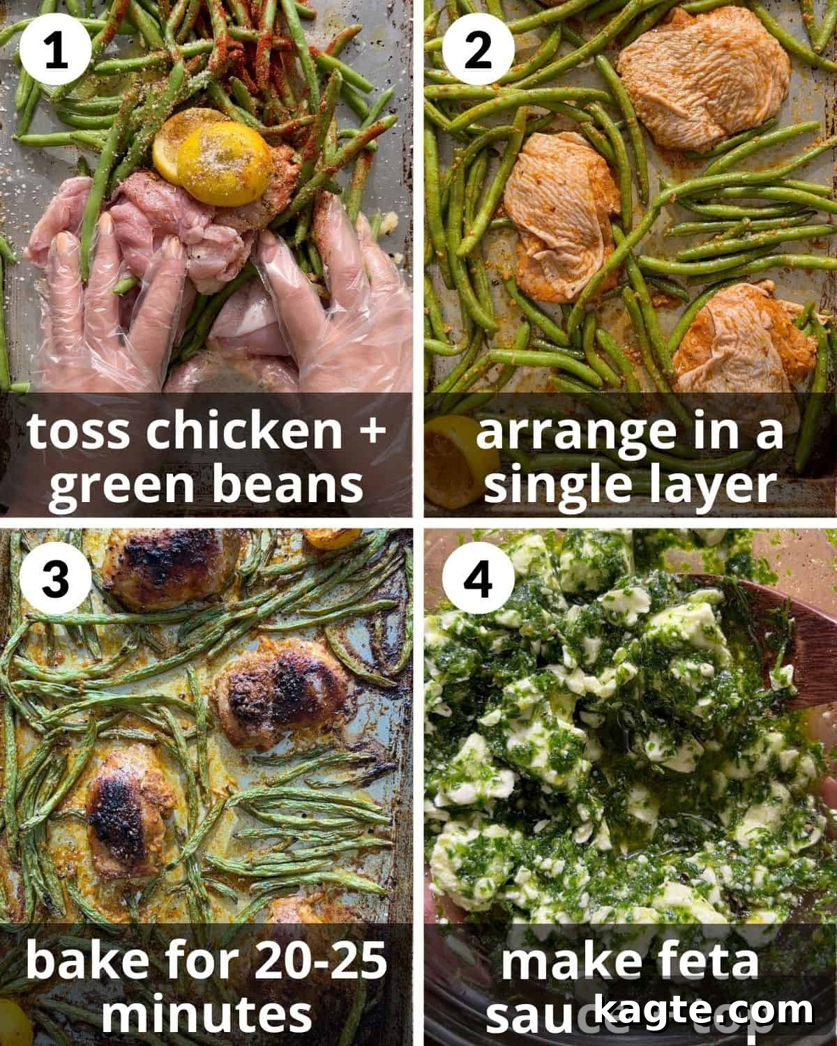 Sheet Pan Chicken and Green Bean Bliss 4 A 4 photo collage showing the assembly of sheet pan chicken and green beans.