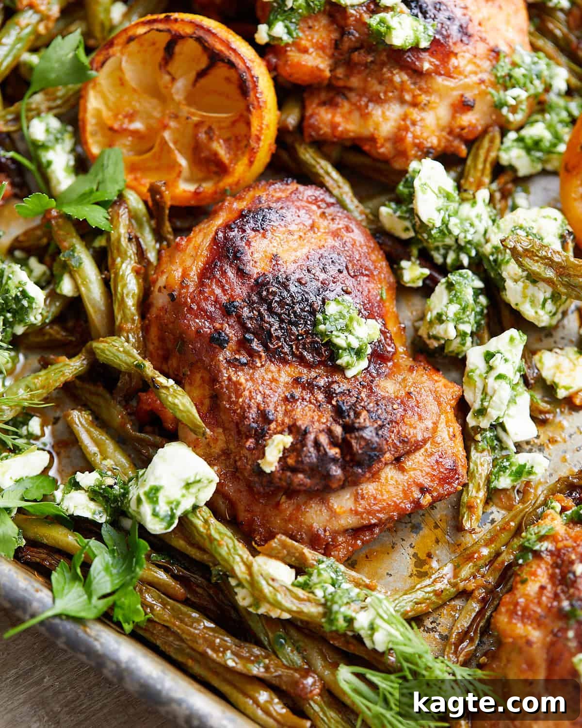 Sheet Pan Chicken and Green Bean Bliss 5 Up close image of sheet pan chicken and green beans.
