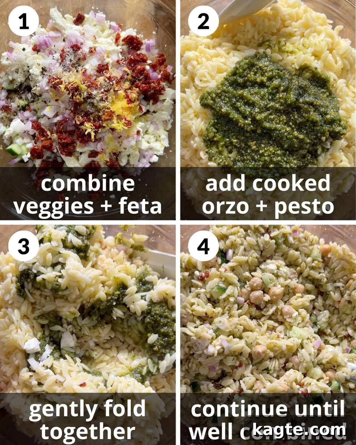 Effortless Pesto Orzo Salad 4 A 4-photo image collage illustrating the step-by-step assembly of pesto orzo salad ingredients.