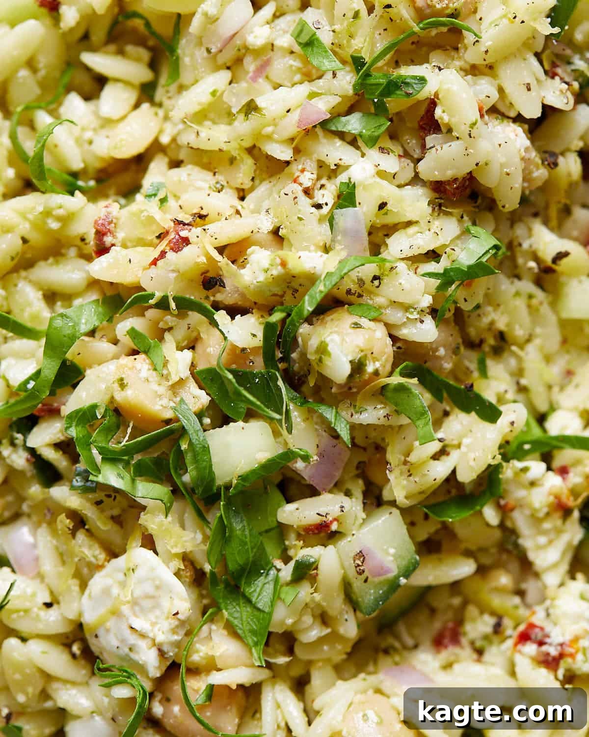 Effortless Pesto Orzo Salad 5 A vibrant close-up image of the finished pesto orzo salad, showing the mixed ingredients and fresh garnish.