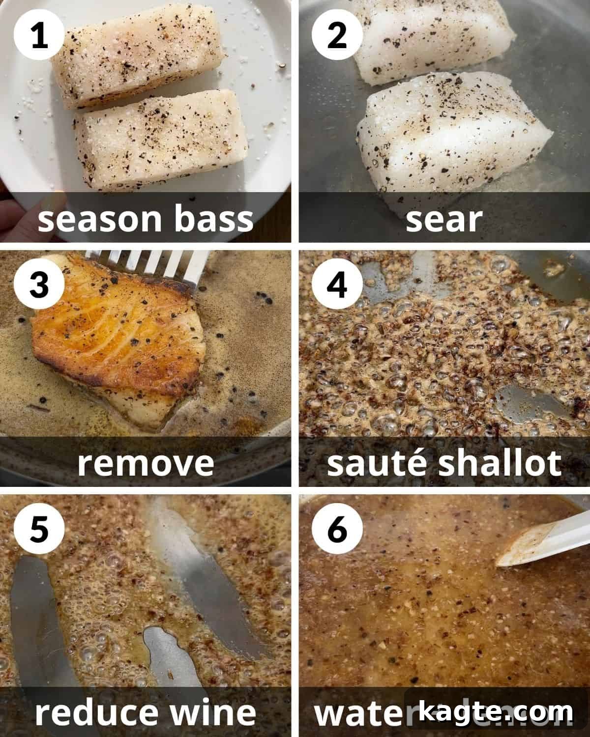 A 6 image collage showing the process of seasoning and searing Chilean sea bass.