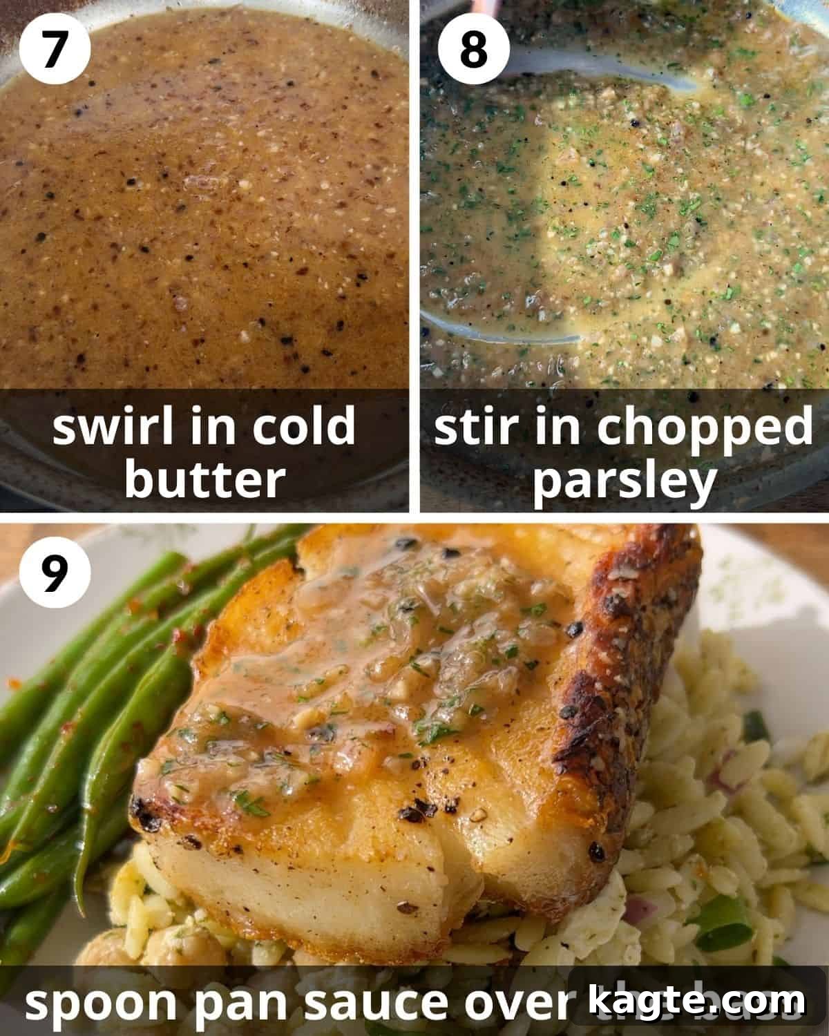 A 3 image collage showing the final steps of making pan seared chilean sea bass, including preparing the sauce and serving.