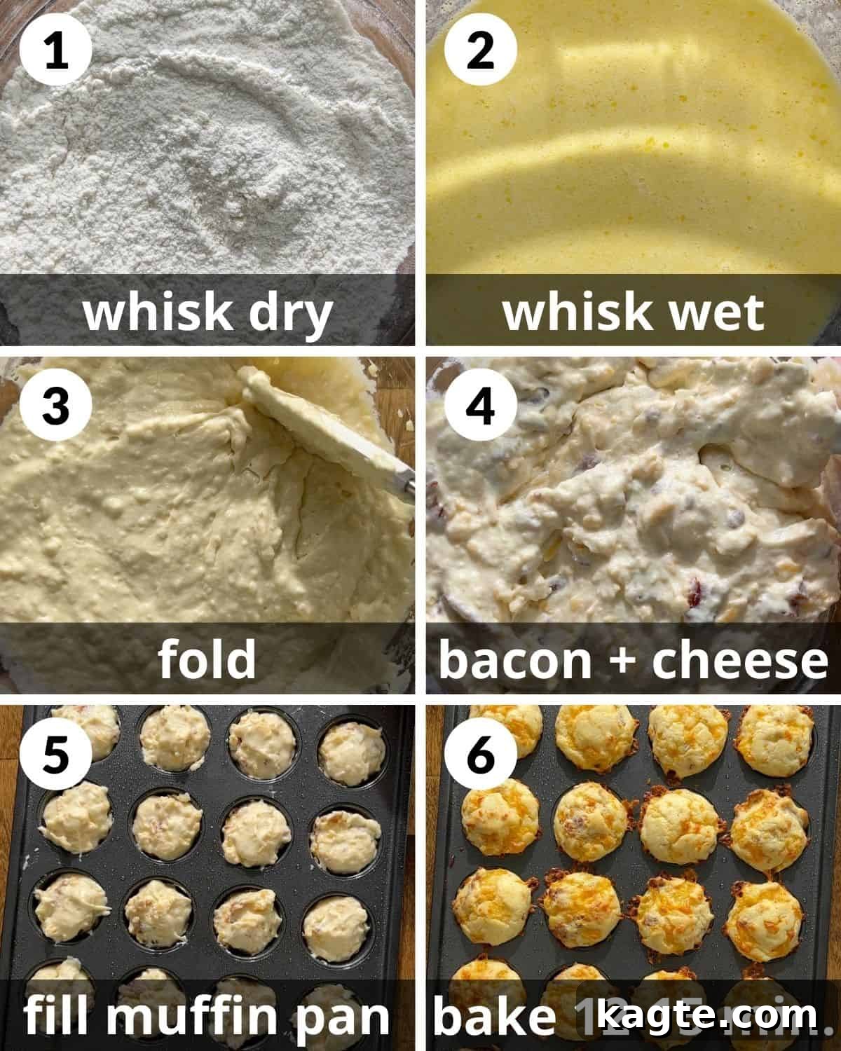 Golden Bacon Cheddar Muffins 4 A six-photo collage showing the sequential steps of making bacon and cheddar cheese muffins: whisking dry ingredients, mixing wet ingredients, combining both, adding cheese and bacon, filling a mini muffin tin, and the baked golden muffins.