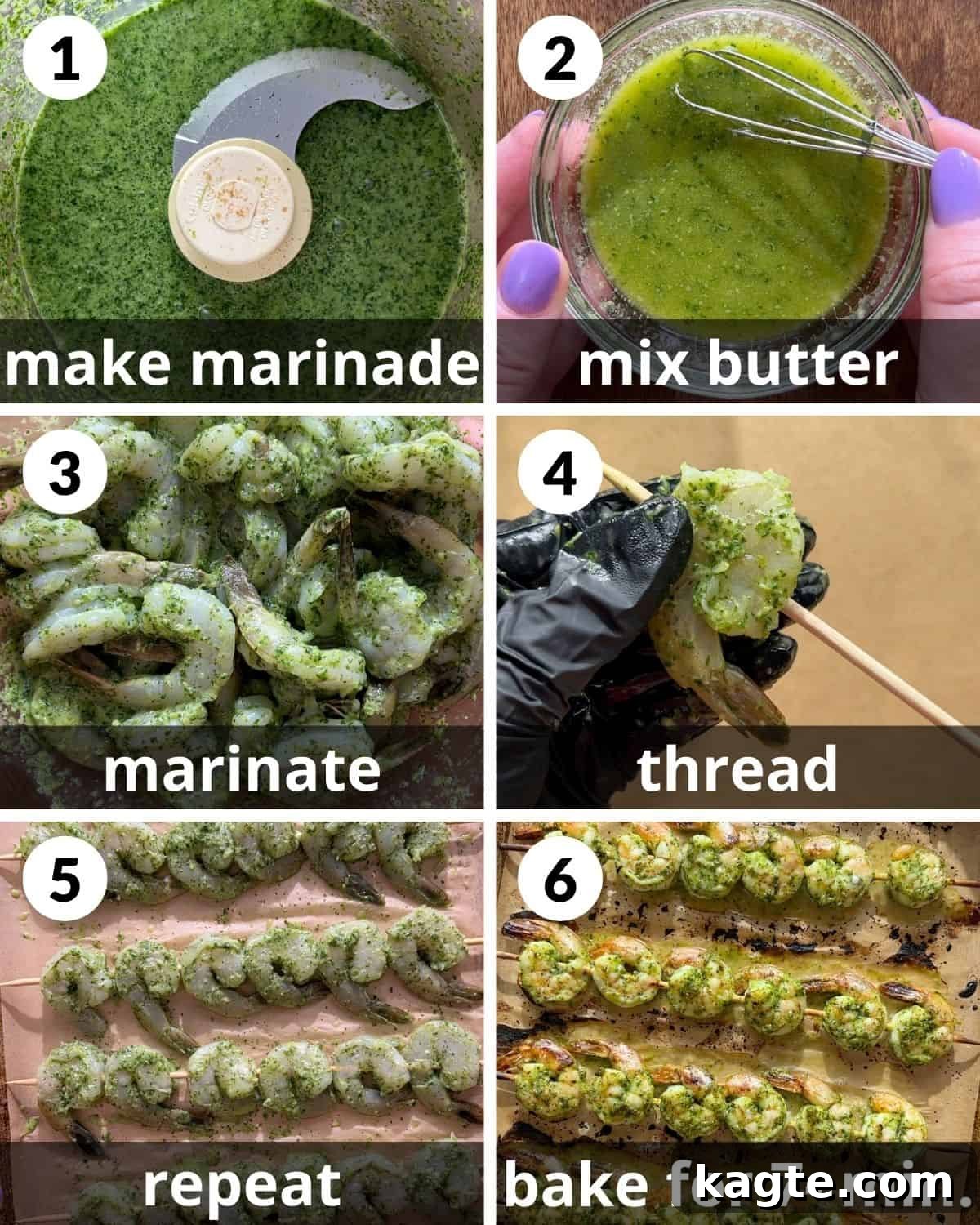 Juicy Oven Baked Shrimp Skewers 4 Step-by-step images showing how to prepare and skewer oven baked shrimp.