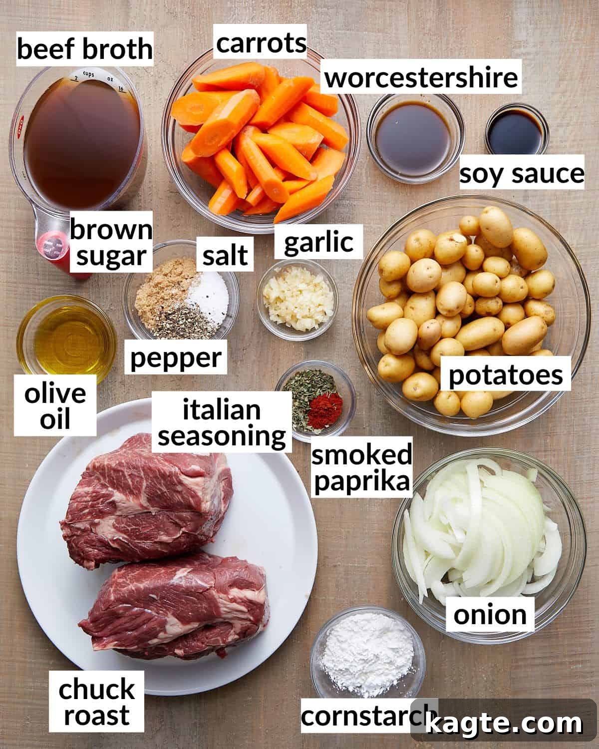 Homestyle Wine-Free Pot Roast 3 Overhead of ingredients needed to make old fashioned pot roast.