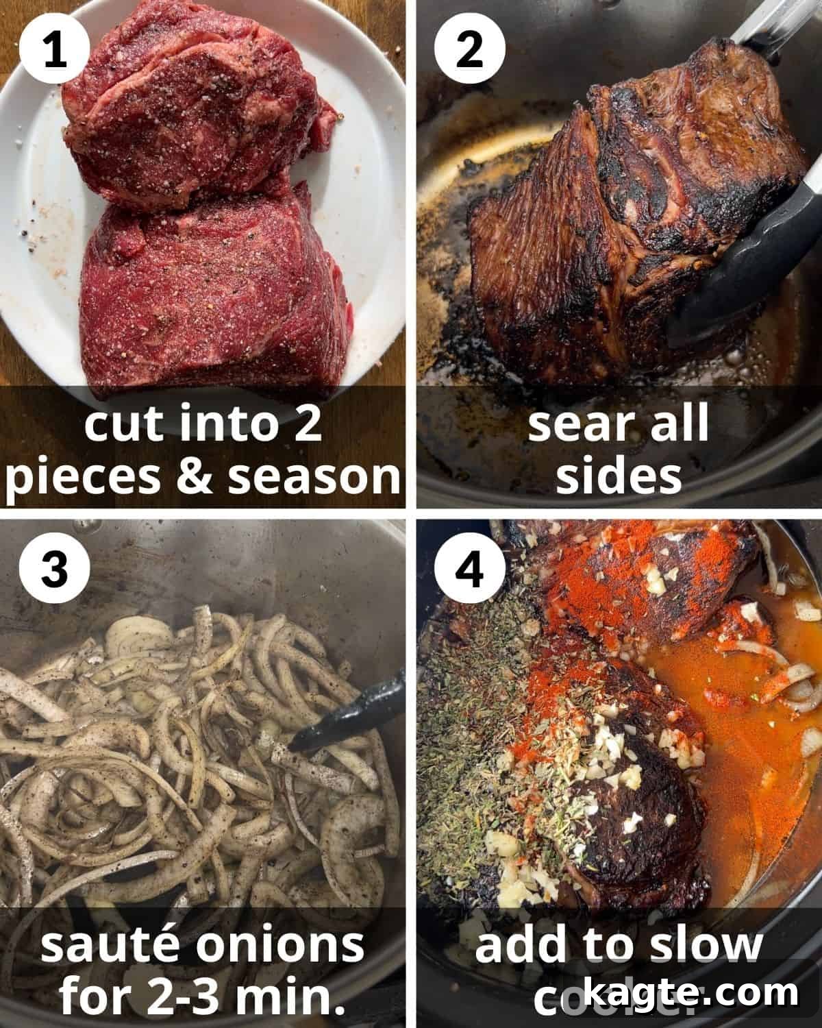 Homestyle Wine-Free Pot Roast 4 A 4 photo collage showing the beginning assembly of old fashioned pot roast.