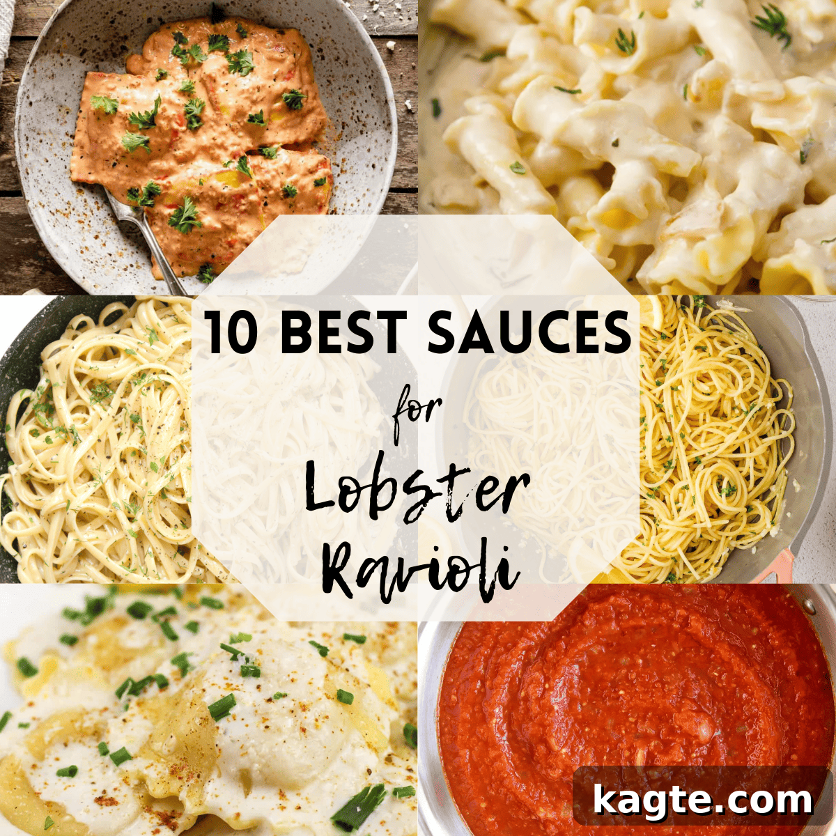 A 6 photo collage showing some of the best sauces for lobster ravioli. From creamy to vibrant, a diverse selection of pasta sauces.