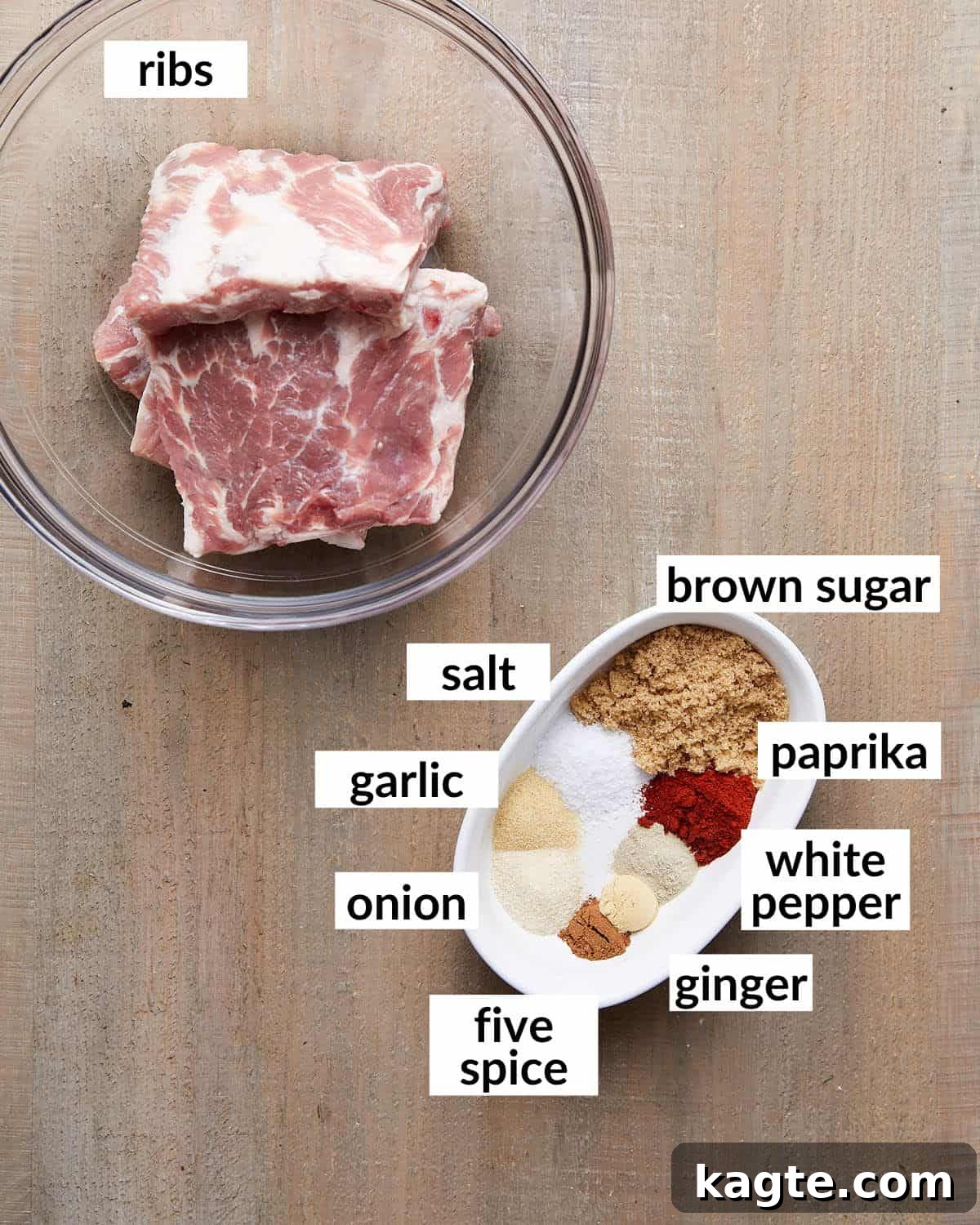 Finger-Licking Asian Oven Ribs 3 Overhead image of ingredients needed for sticky asian ribs.