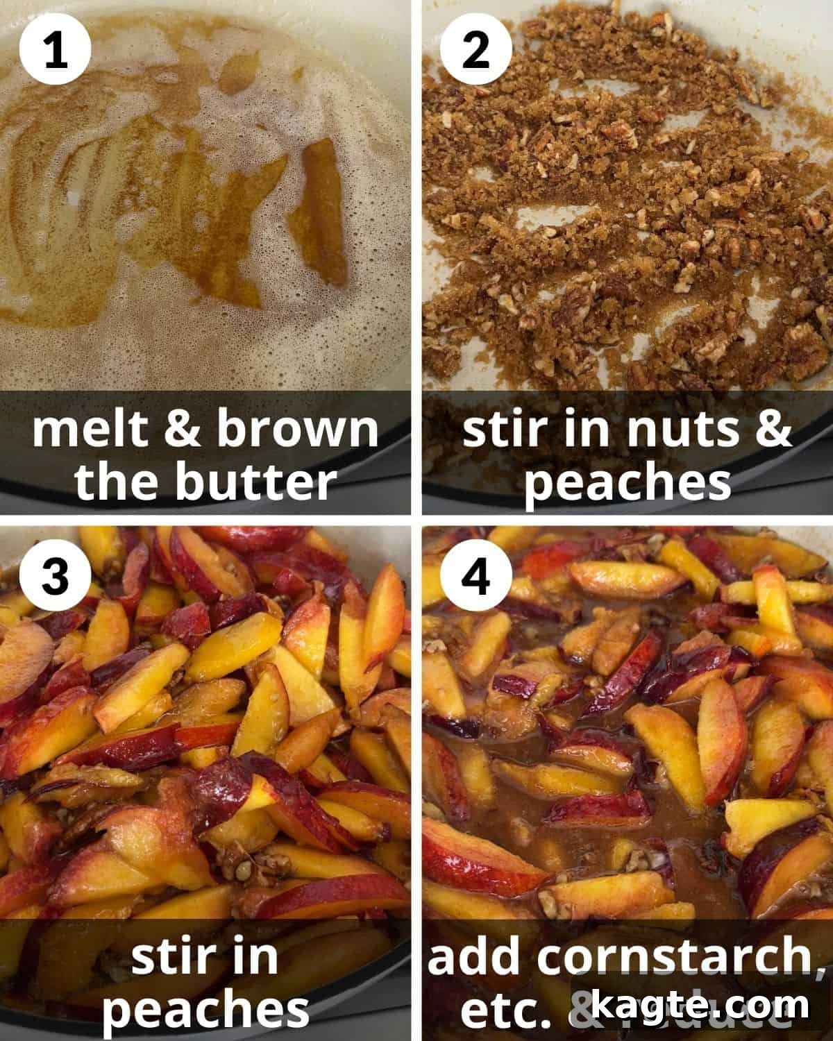 Golden Flaky Peach Cobbler 4 A four-photo collage showing the initial steps of preparing peach cobbler: browning butter, adding brown sugar and pecans, stirring in cornstarch and vanilla, and bringing the peach mixture to a boil.