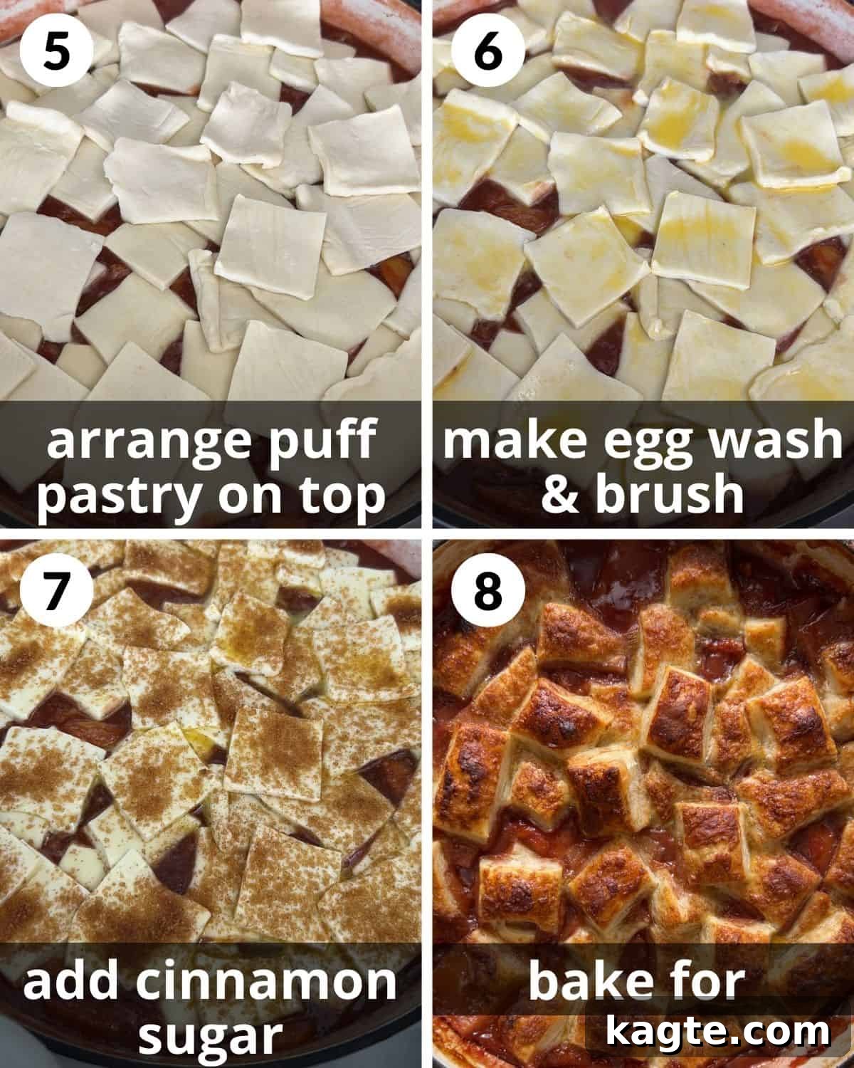 Golden Flaky Peach Cobbler 5 A four-photo collage showing the final assembly of peach cobbler: arranging puff pastry on the peaches, brushing with egg wash, sprinkling cinnamon sugar, and the baked golden-brown cobbler.