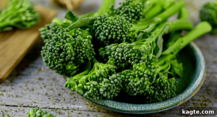 Close-up of fresh broccolini spears with tender florets, ready for cooking.