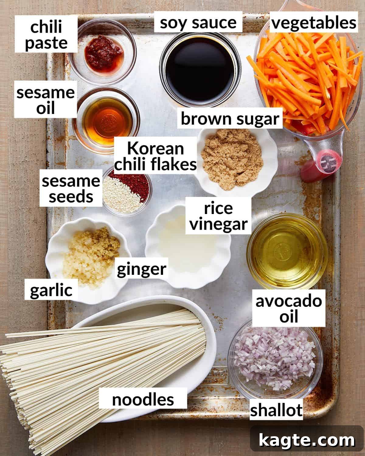 Sizzling Chili Garlic Noodles 3 Overhead shot of all ingredients laid out for chili garlic noodles preparation.