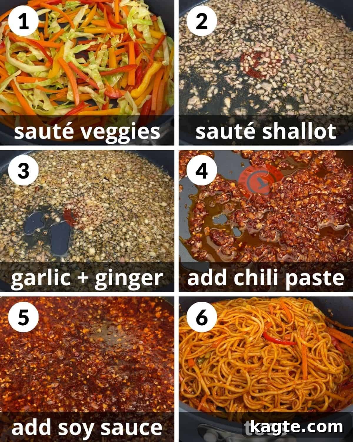 Sizzling Chili Garlic Noodles 4 A 6-photo collage showing the assembly process of chili garlic noodles, from sautéing to combining.