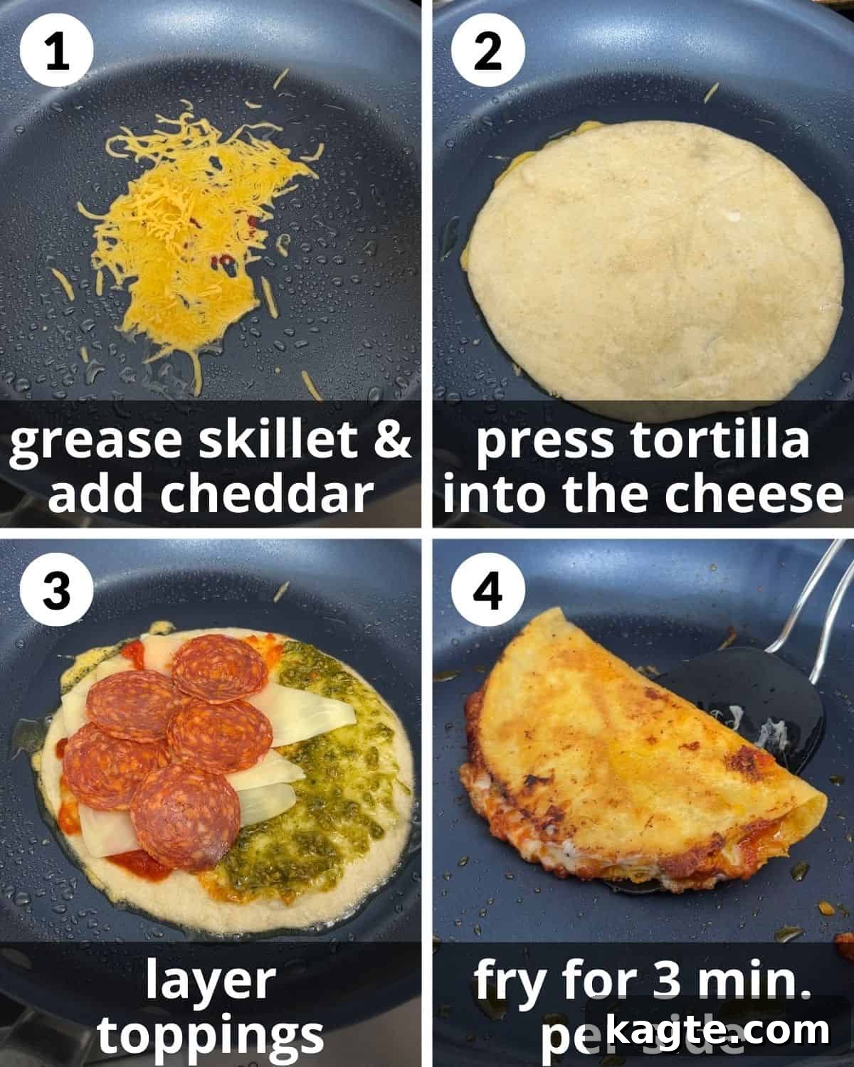Ultimate Quick Pizza Tortilla Wrap 4 A four image collage showing the assembly of pizza tortilla wraps from cheese to folding.