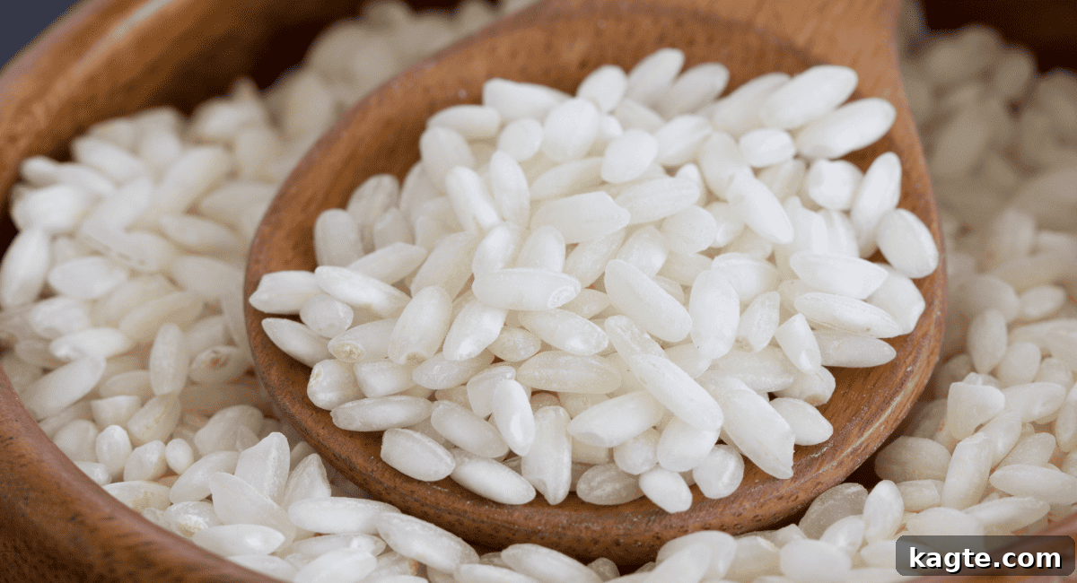 No Orzo? No Problem! 20 Clever Substitutes 3 Image of arborio rice on wooden spoon.