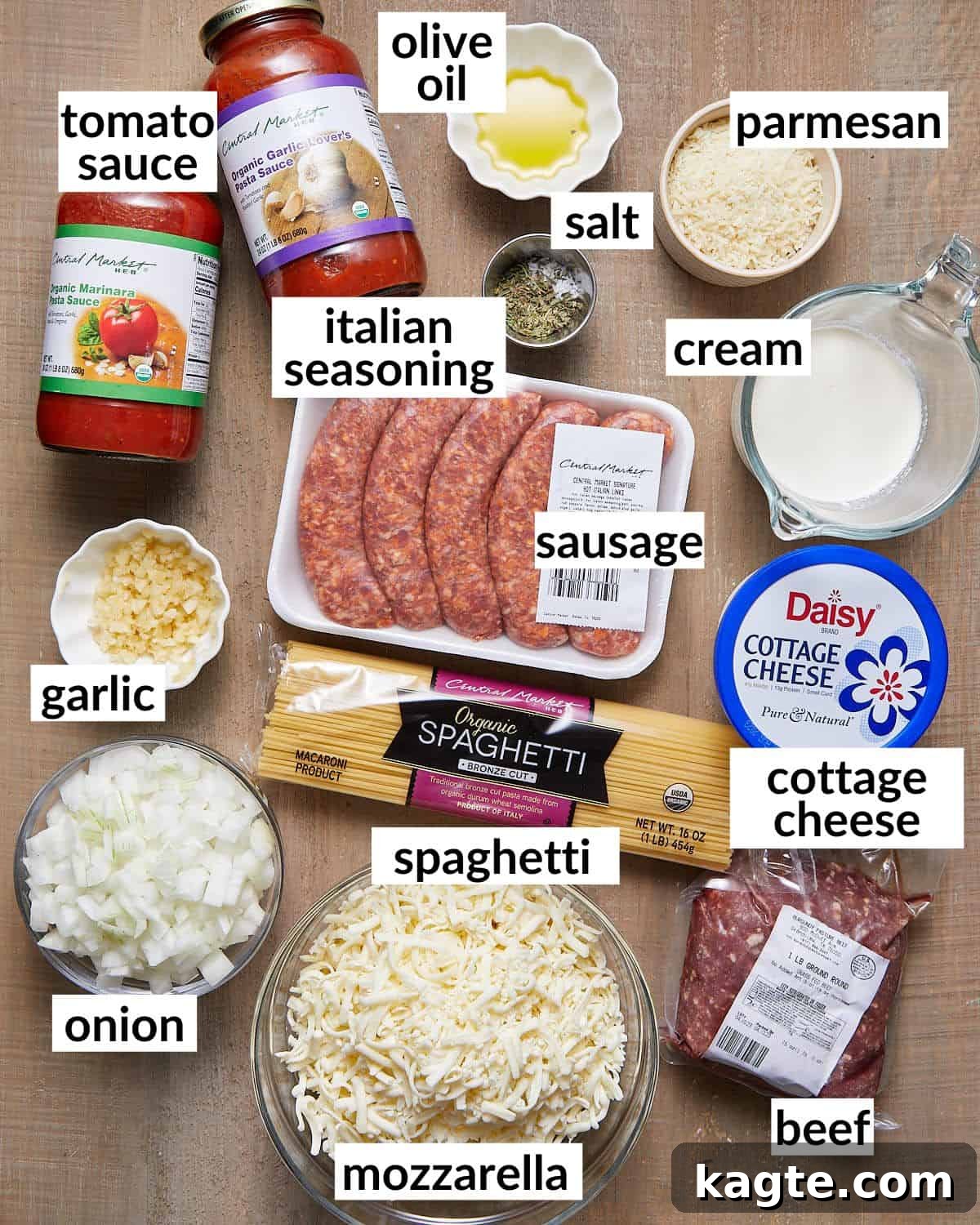 An overhead image of ingredients needed to make cheesy baked spaghetti.