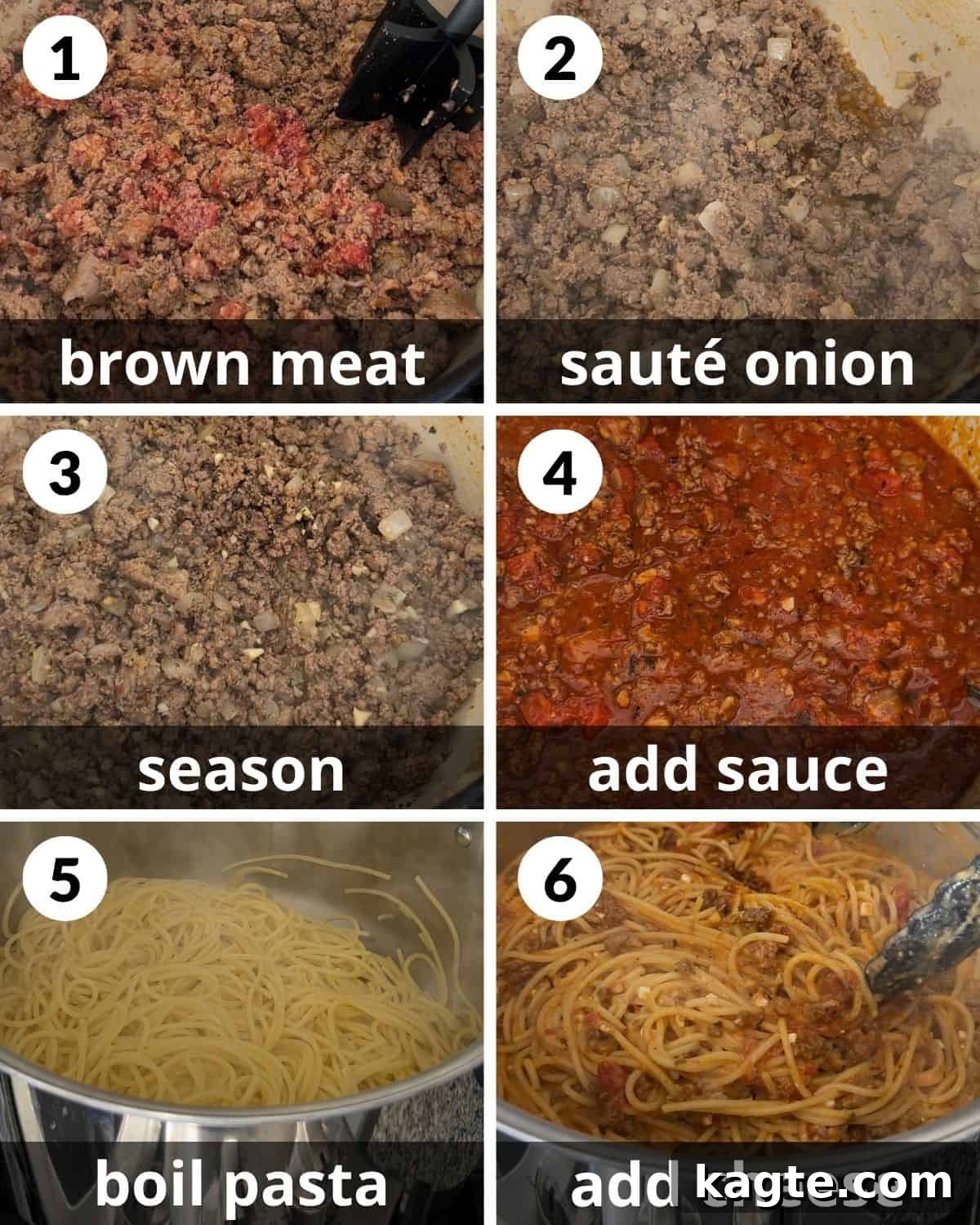 A 6 photo collage showing the beginning assembly of cheesy baked spaghetti.