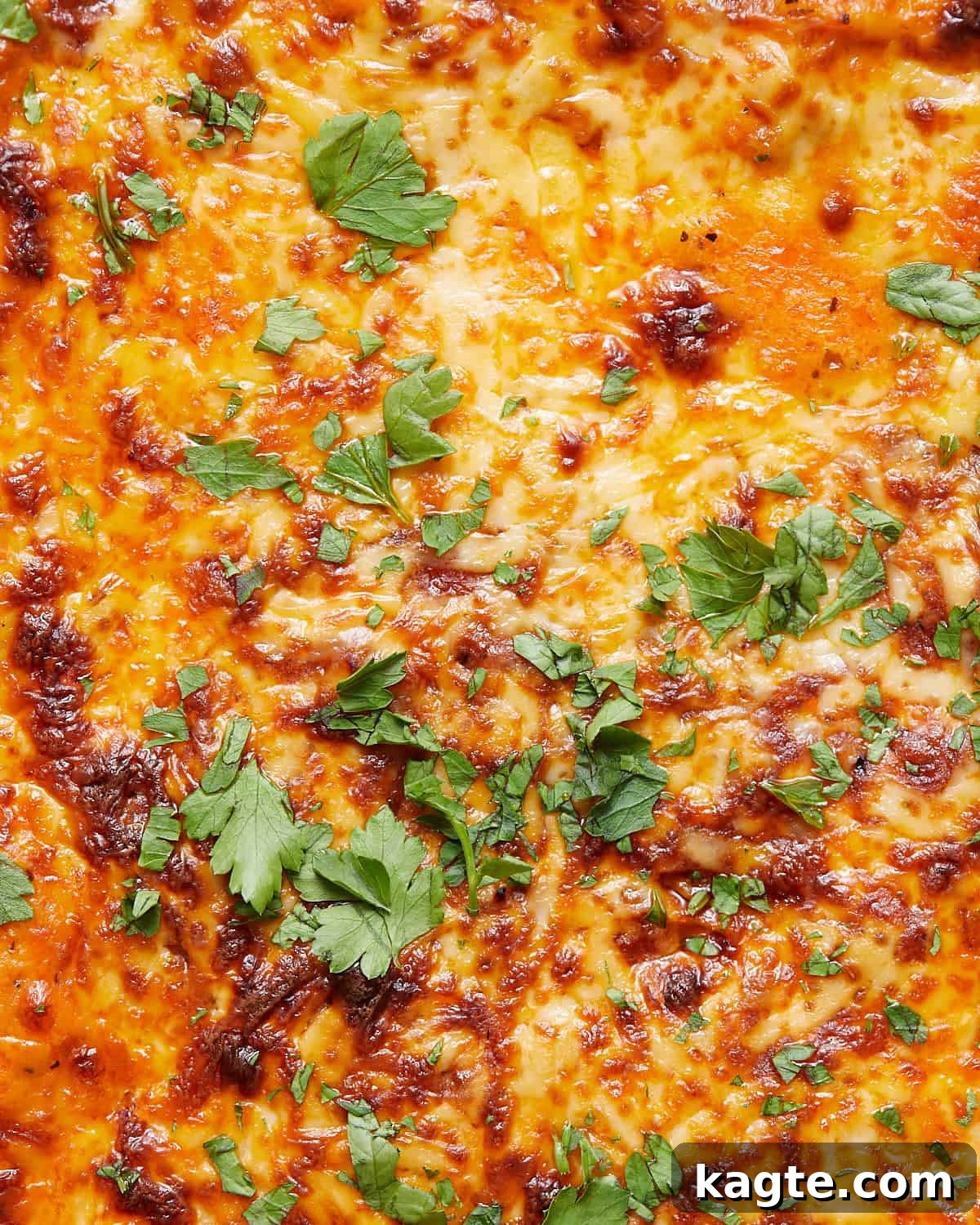 Up close image of cheesy baked spaghetti with garnish.