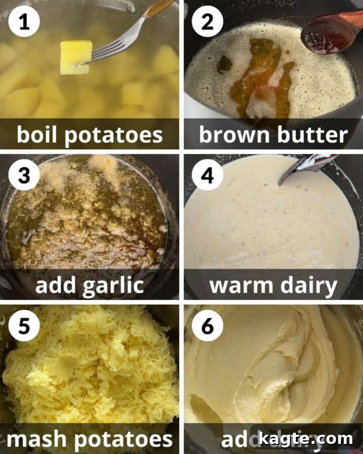 Velvety Yukon Gold Mash 4 Step-by-step photos illustrating how to make Yukon Gold mashed potatoes, including browning butter and combining ingredients.