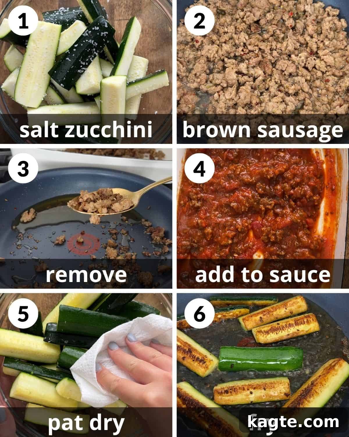 A 6-photo collage showing the initial assembly stages of Italian baked zucchini, including salting zucchini, browning sausage, and layering sauce.