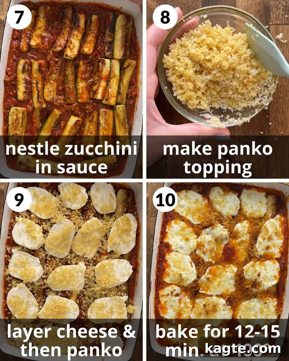 A 4-photo collage illustrating the final assembly of Italian baked zucchini, including layering fried zucchini, adding mozzarella, and sprinkling panko topping.