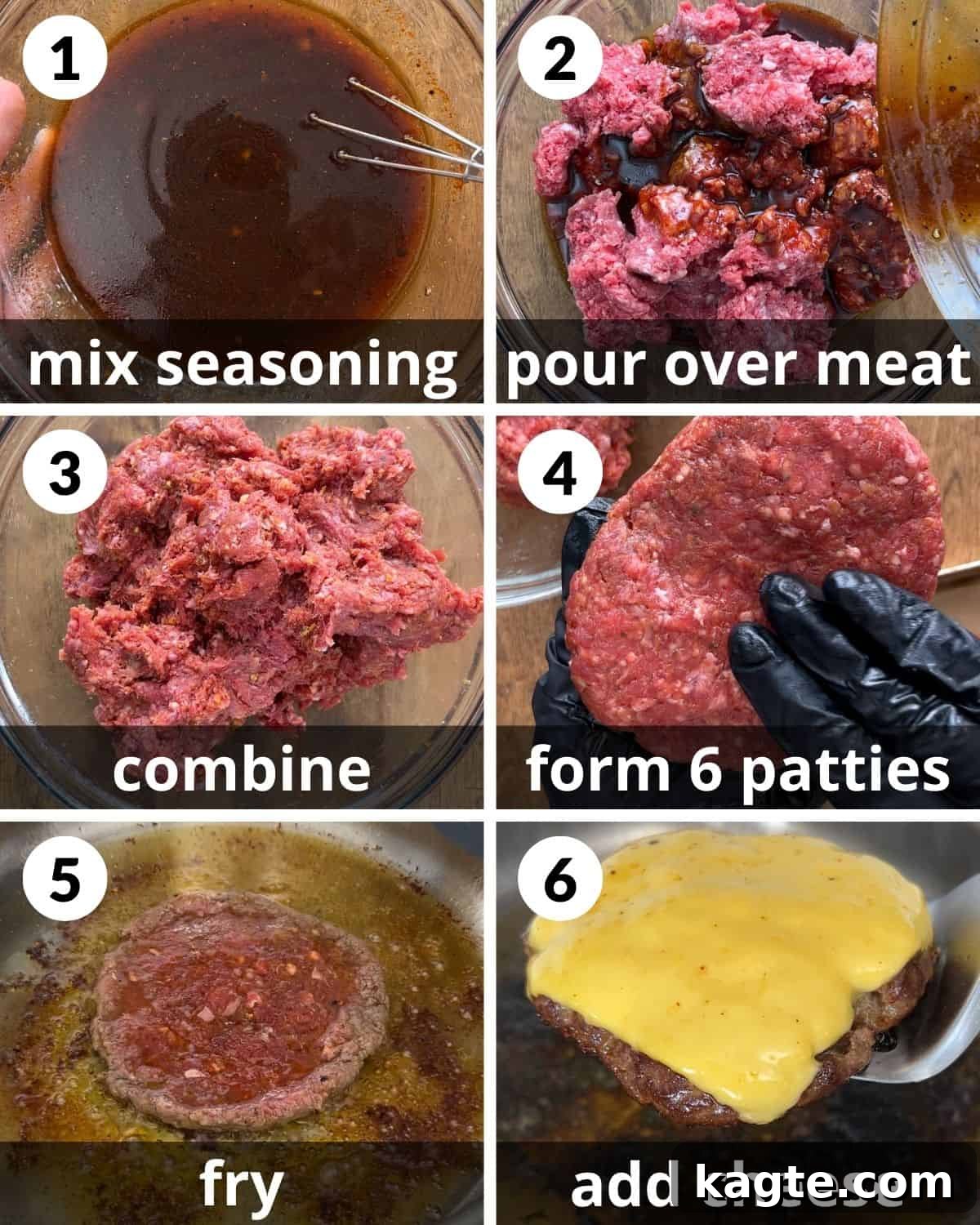 A 6 photo collage showing the assembly of hamburger patty recipe. 