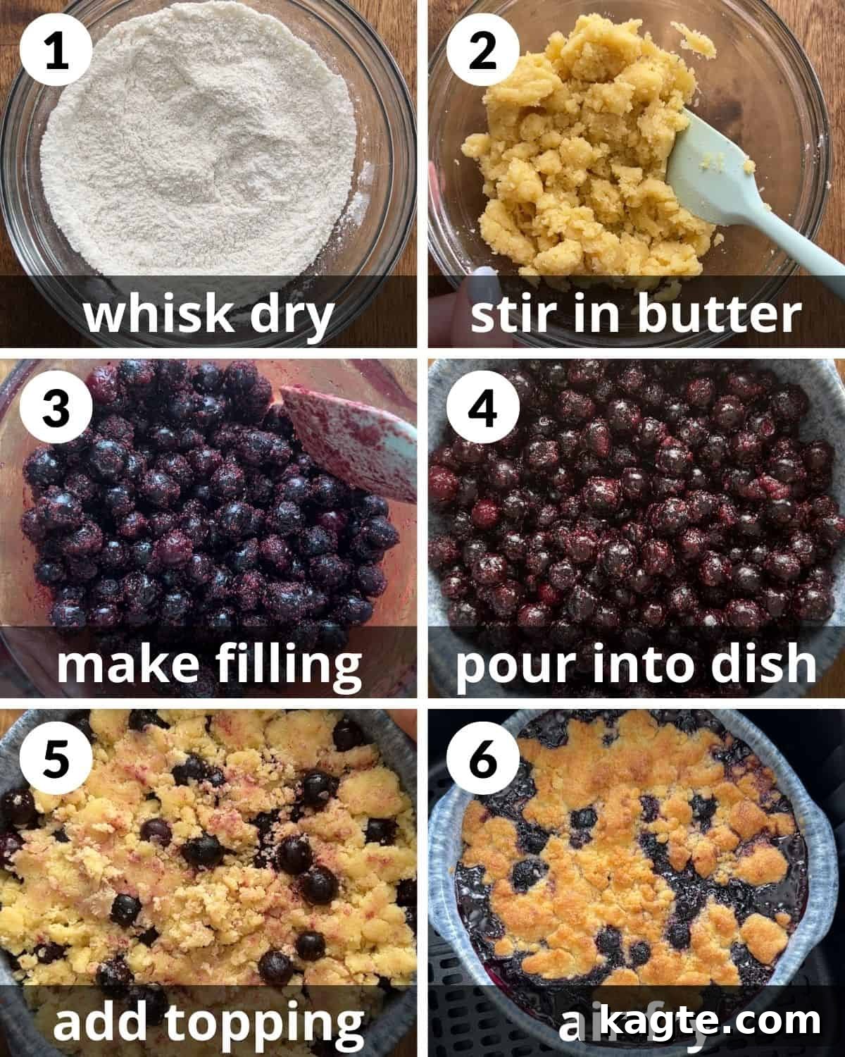 Effortless Air Fryer Blueberry Cobbler 4 A 6 photo collage showing the assembly of air fryer blueberry cobbler, from mixing ingredients to crumbling the topping.