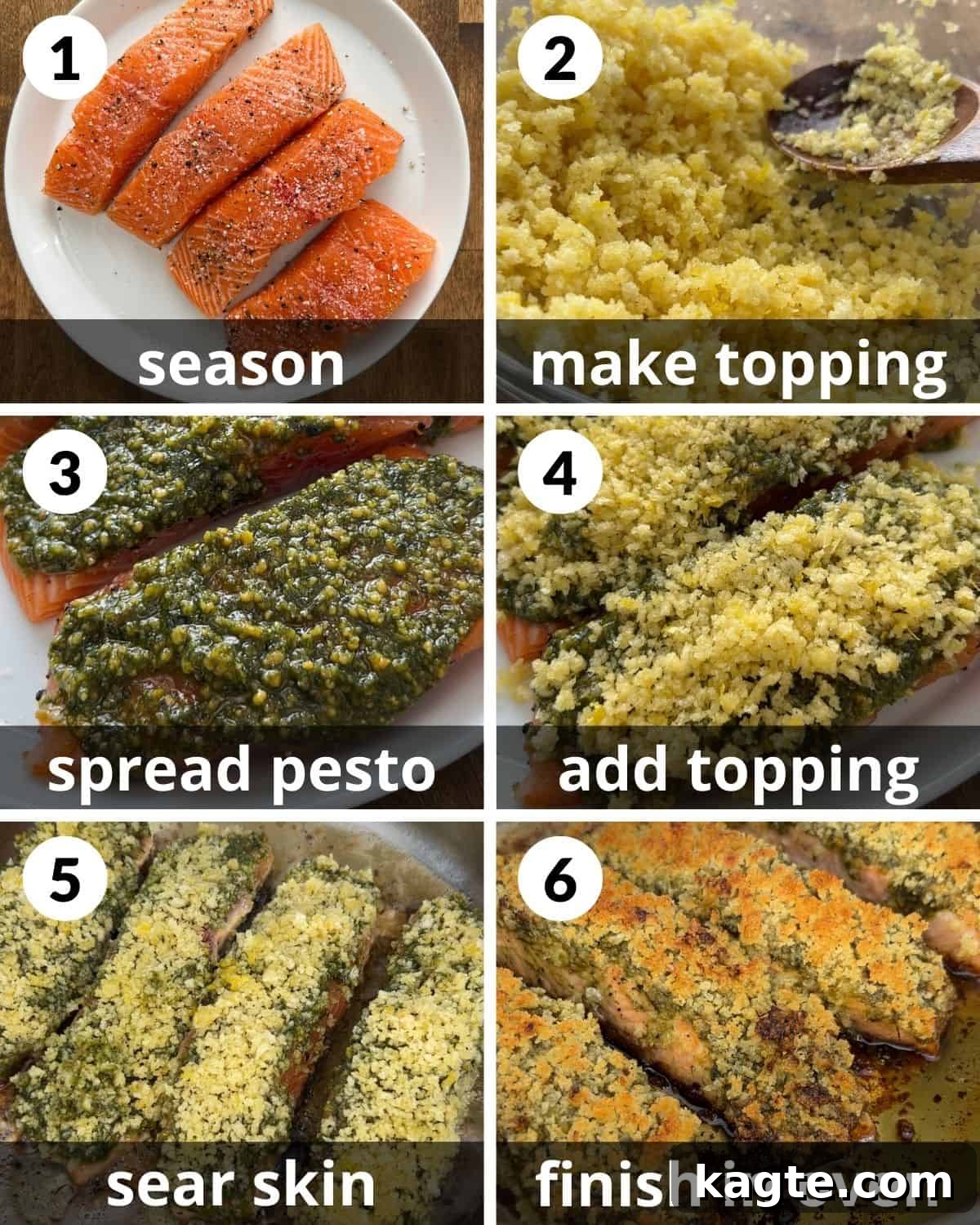 Crispy Pesto Salmon with Lemon Garlic Panko 4 A 6 photo collage showing the assembly of pesto crusted salmon, from seasoning to crust application.