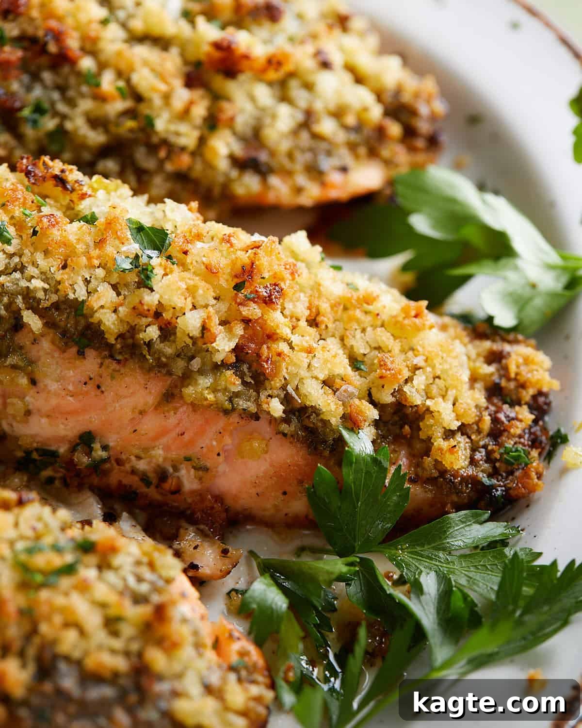 Crispy Pesto Salmon with Lemon Garlic Panko 5 Up close image of pesto crusted salmon with garlic lemon panko, showcasing the crispy texture and vibrant pesto.