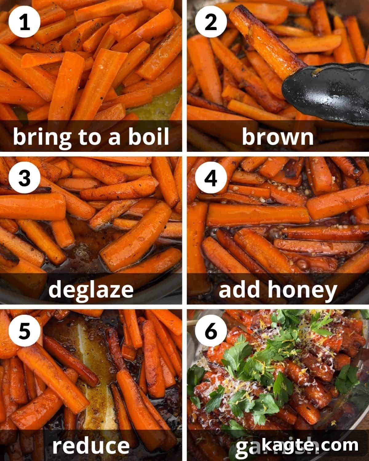 A six-photo collage illustrating the step-by-step process of cooking glazed stovetop carrots, from browning to glazing and garnishing.