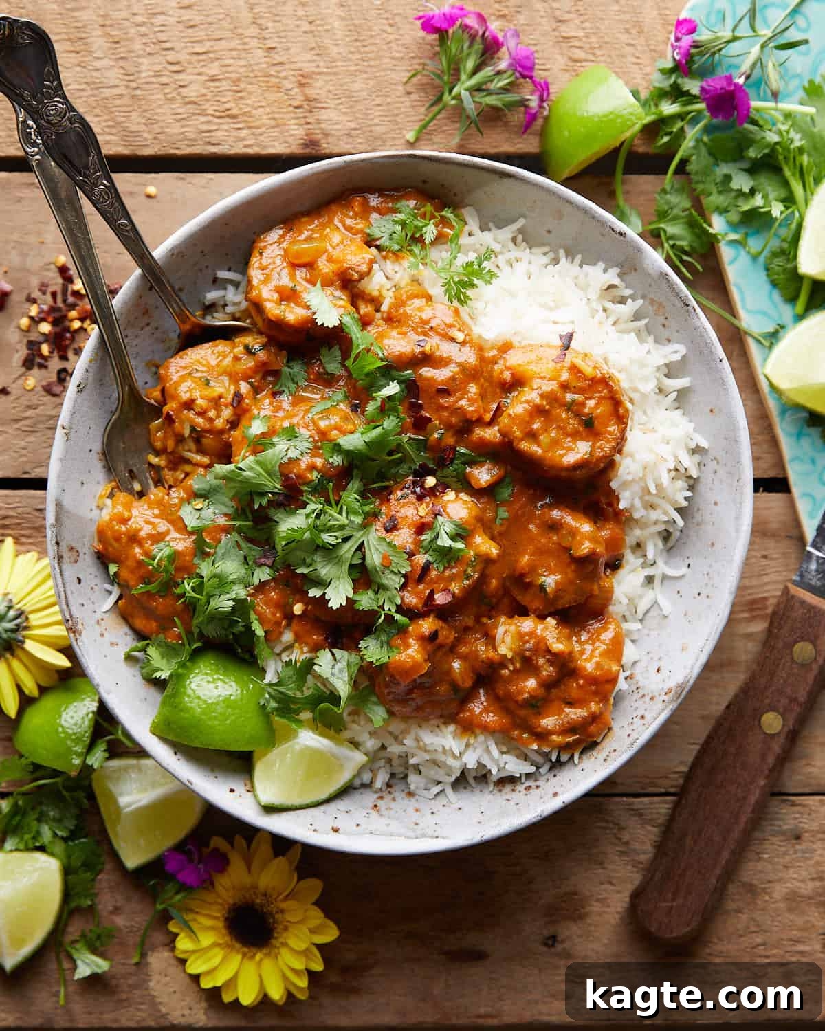 Tropical Coconut Shrimp Curry 2 Overhead image of coconut curry shrimp with garnish.