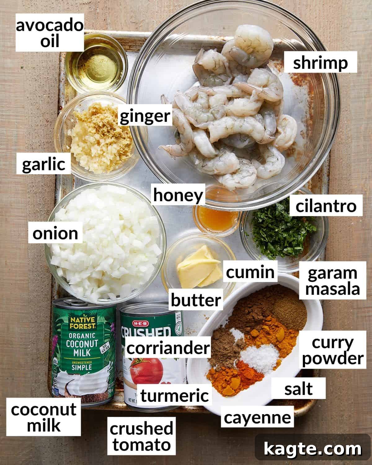 Tropical Coconut Shrimp Curry 3 An overhead image of ingredients needed to make coconut curry shrimp.
