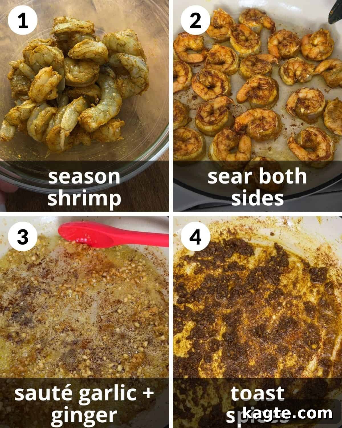 Tropical Coconut Shrimp Curry 4 A 4 photo collage showing the beginning assembly of coconut curry shrimp.
