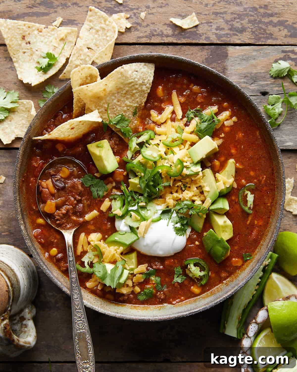 Quick & Flavorful 7-Can Ranch Taco Soup 2 Overhead image of 7 can taco soup with garnish.