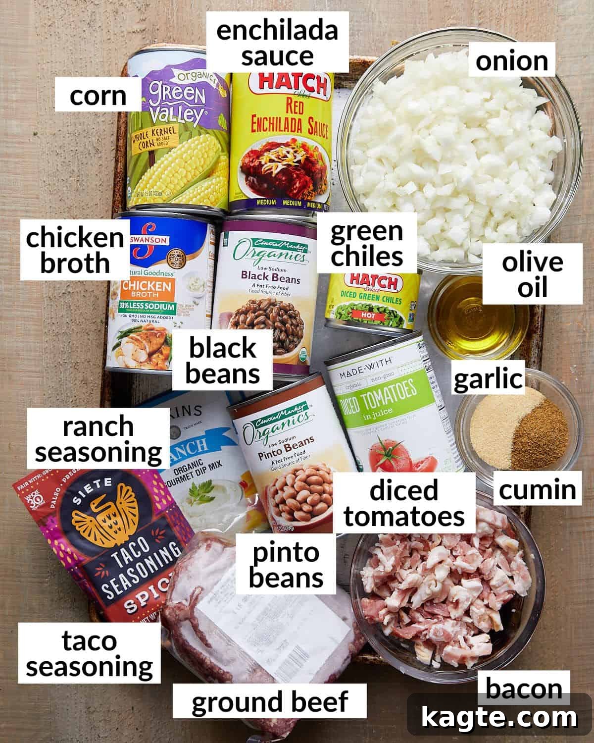 Quick & Flavorful 7-Can Ranch Taco Soup 3 Overhead image of ingredients needed to make 7-can taco soup.