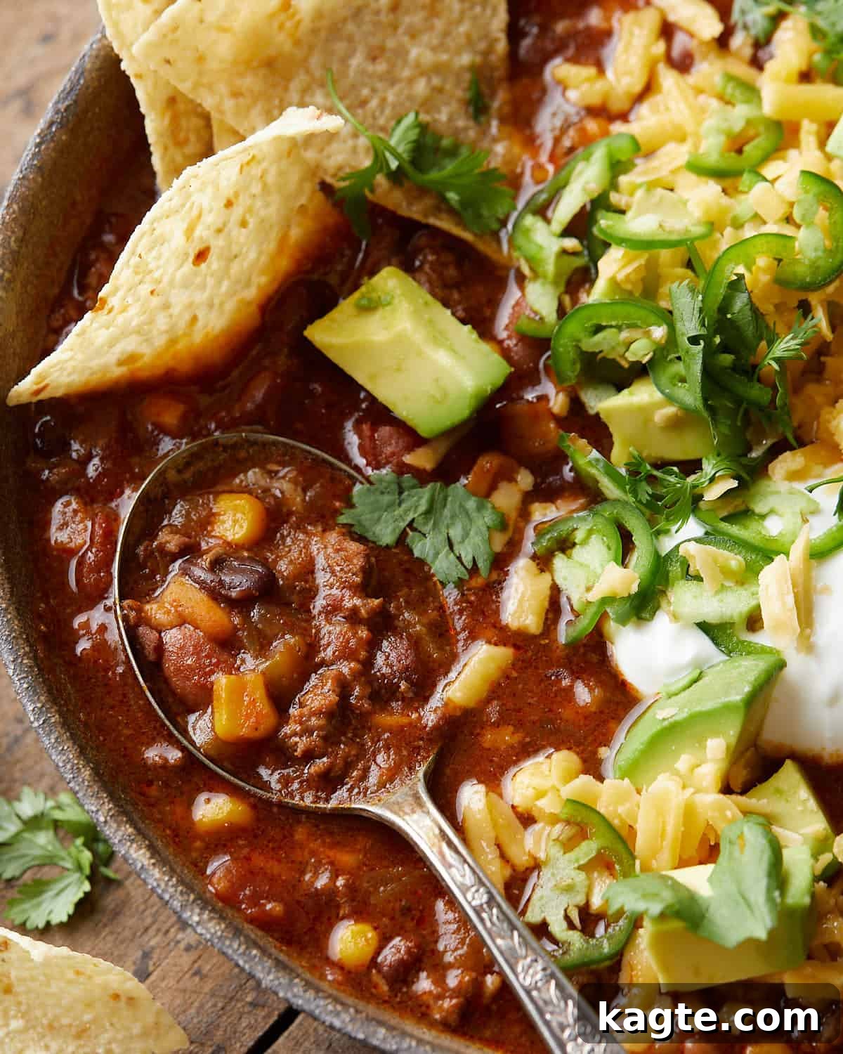 Quick & Flavorful 7-Can Ranch Taco Soup 5 Up close image of 7-can taco soup with garnish.