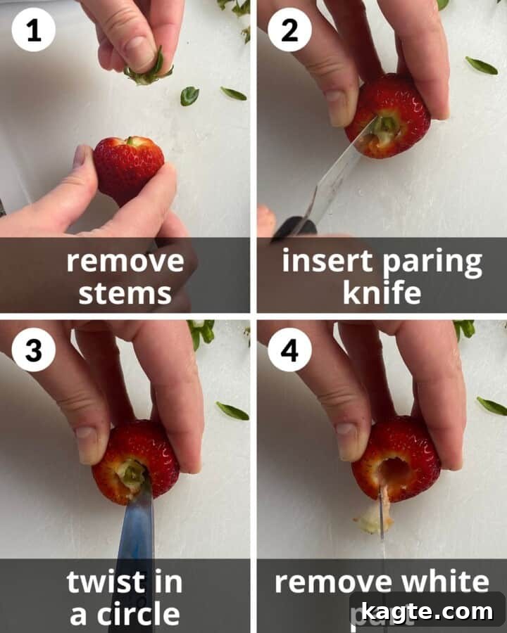 Step-by-step images showing how to hull a strawberry using a paring knife.