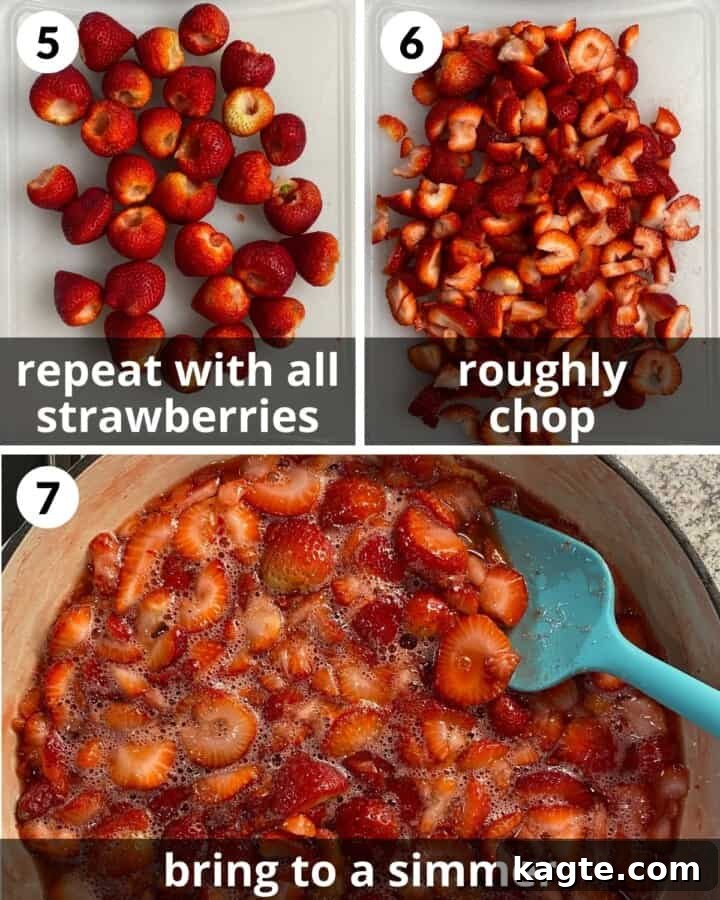 Chopped strawberries in a pot with sugar and lemon juice, beginning to cook down.