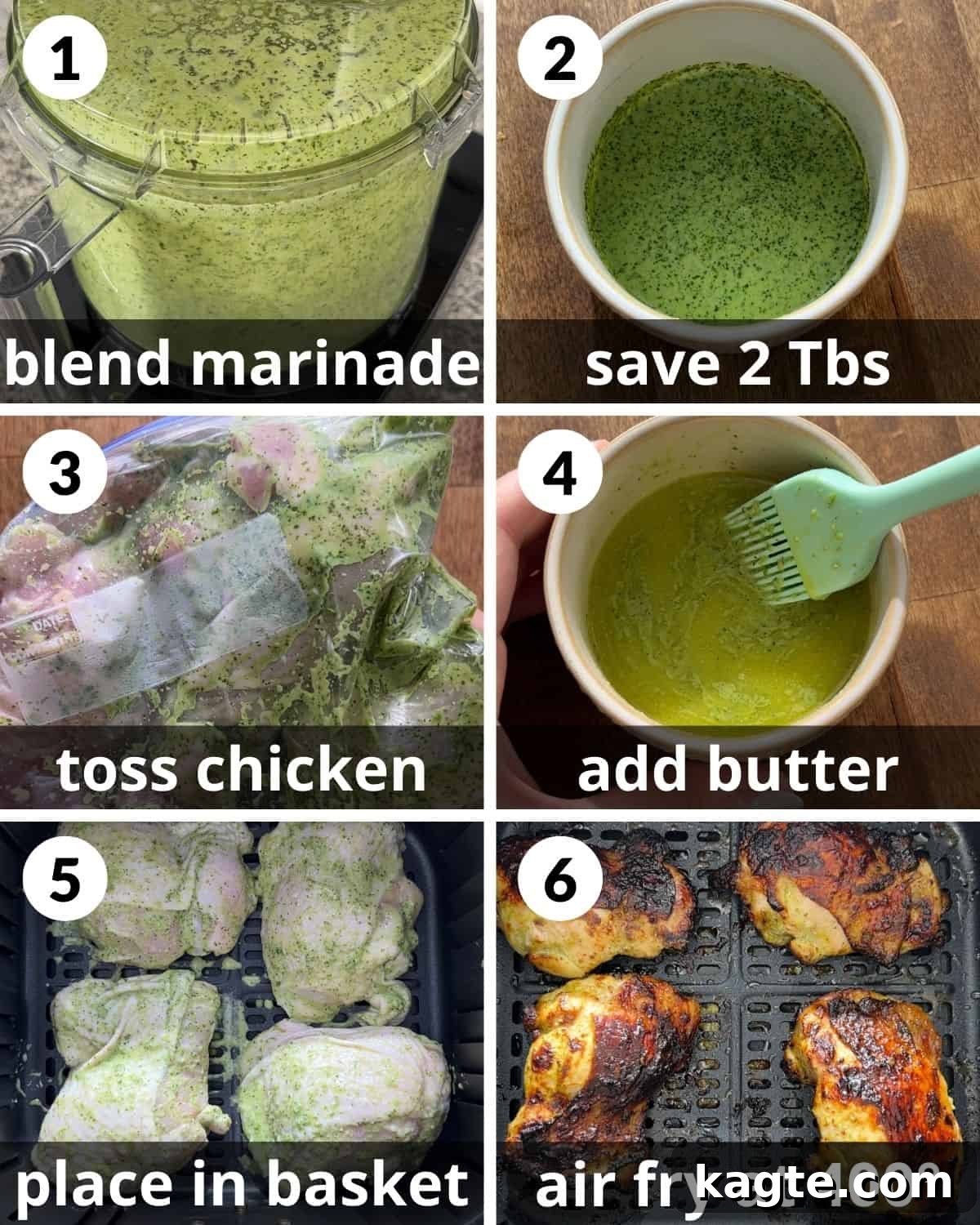Crispy Air Fryer Cilantro Lime Chicken 4 A 6 photo collage showing the assembly of air fryer cilantro lime chicken, from blending marinade to placing chicken in the air fryer.