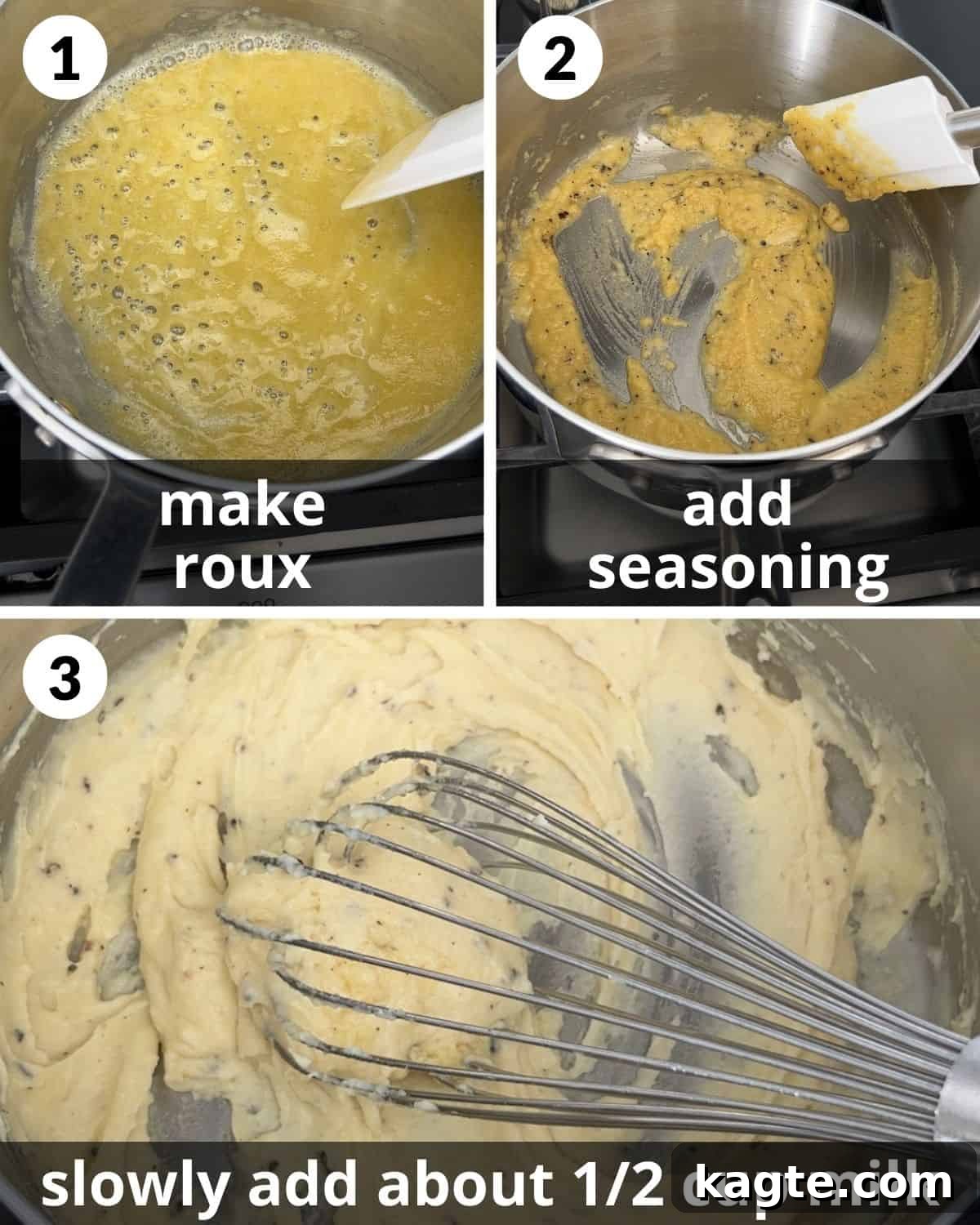 Decadent White Cheddar Macaroni Bake 4 A three-photo collage demonstrating the initial stages of preparing baked white cheddar mac and cheese, including melting butter and creating the roux.