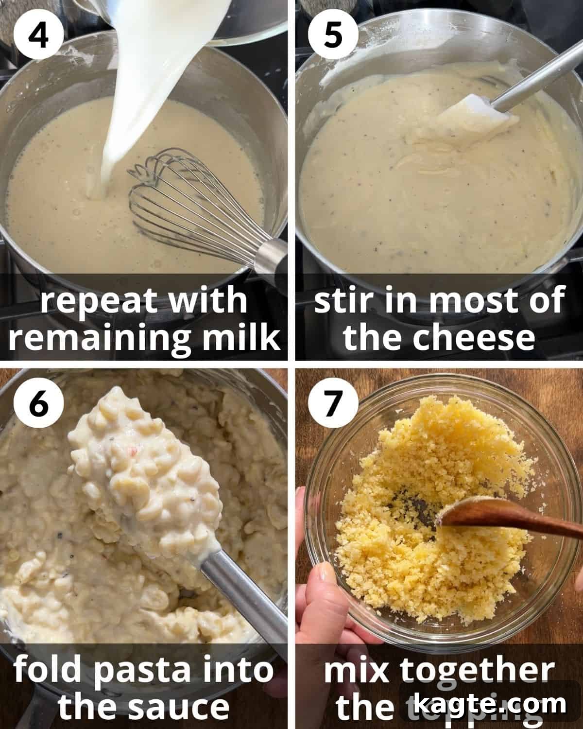 Decadent White Cheddar Macaroni Bake 5 A four-photo collage demonstrating further steps in making baked white cheddar mac and cheese, including whisking milk into the roux and adding cheese.